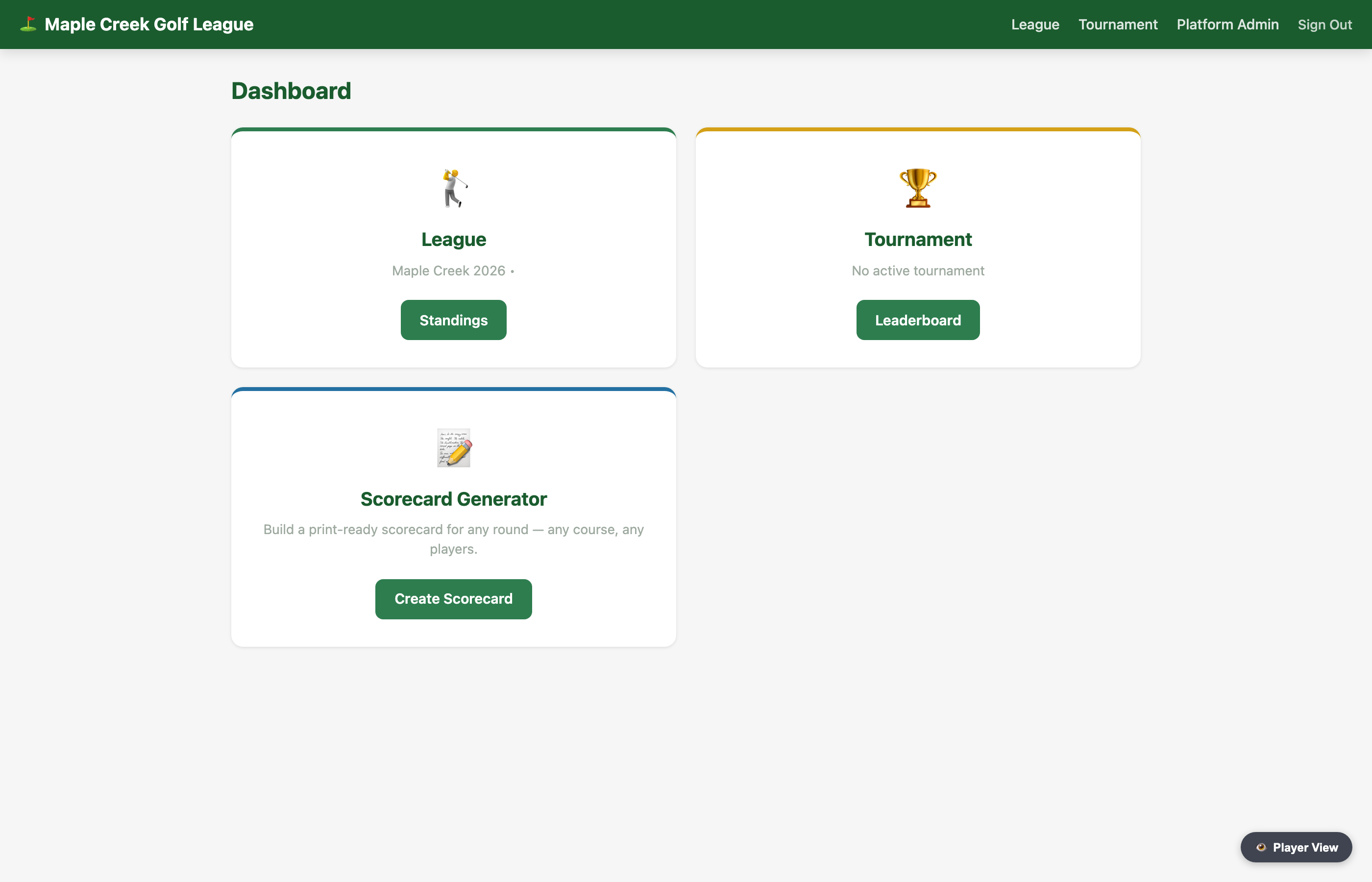 League and Tournament dashboard after signup