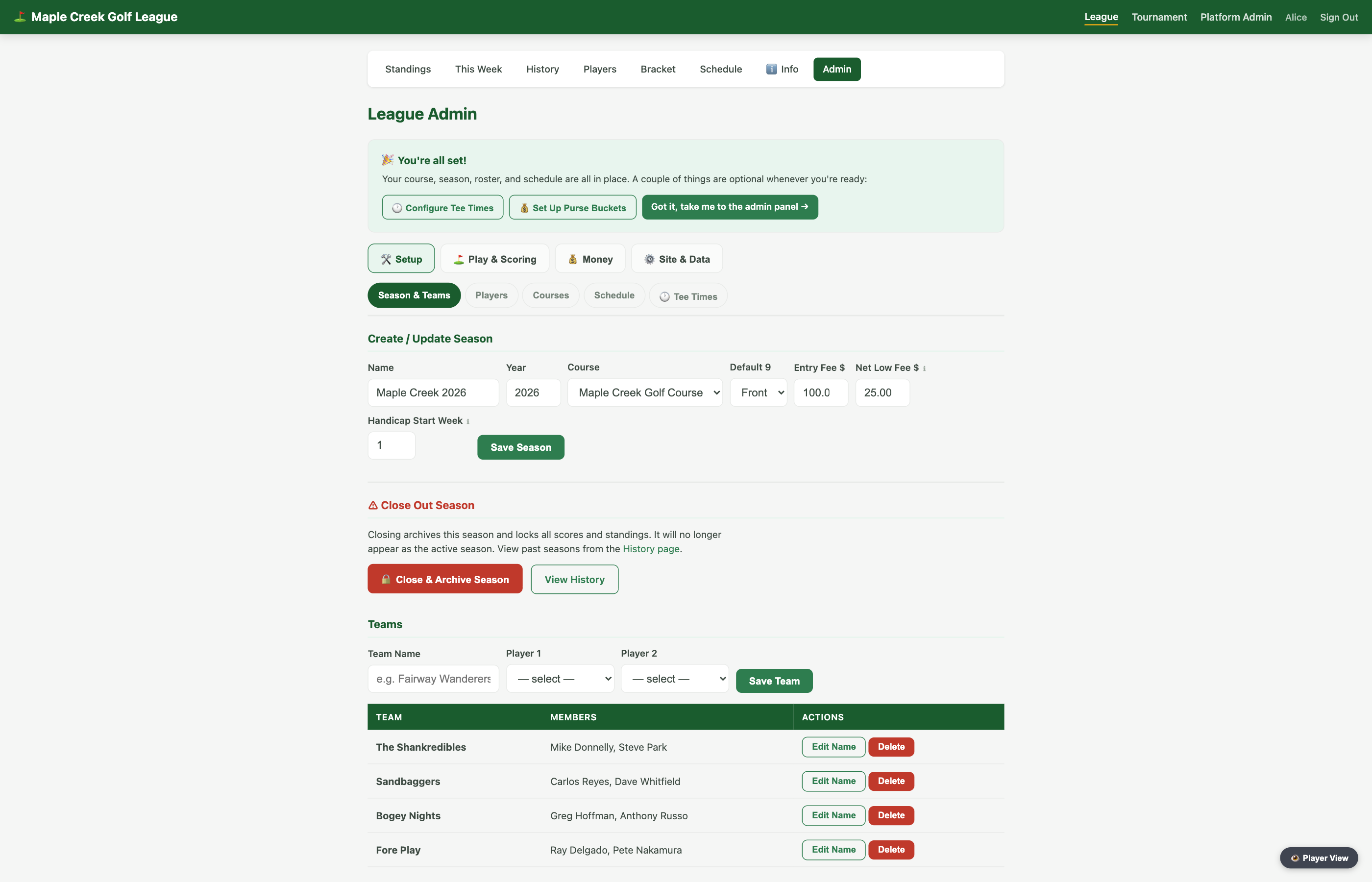 League admin setup checklist and configuration tabs