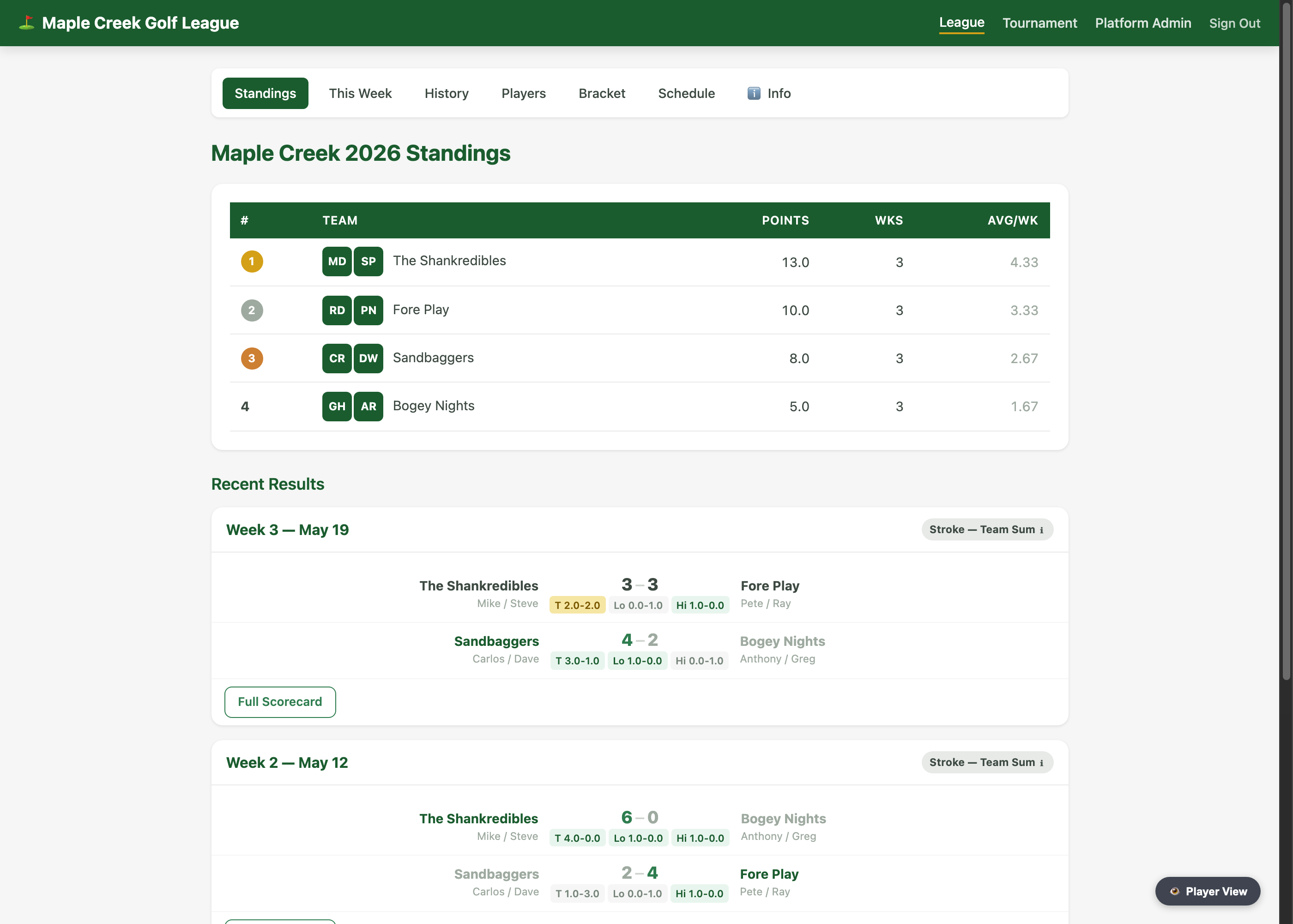 Live season standings in RunMyLeague